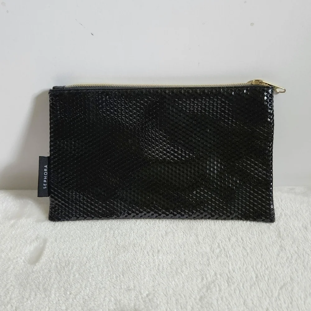 Sephora Black Vinyl Hexagon Textured Makeup Cosmetic Bag Pouch NWOT